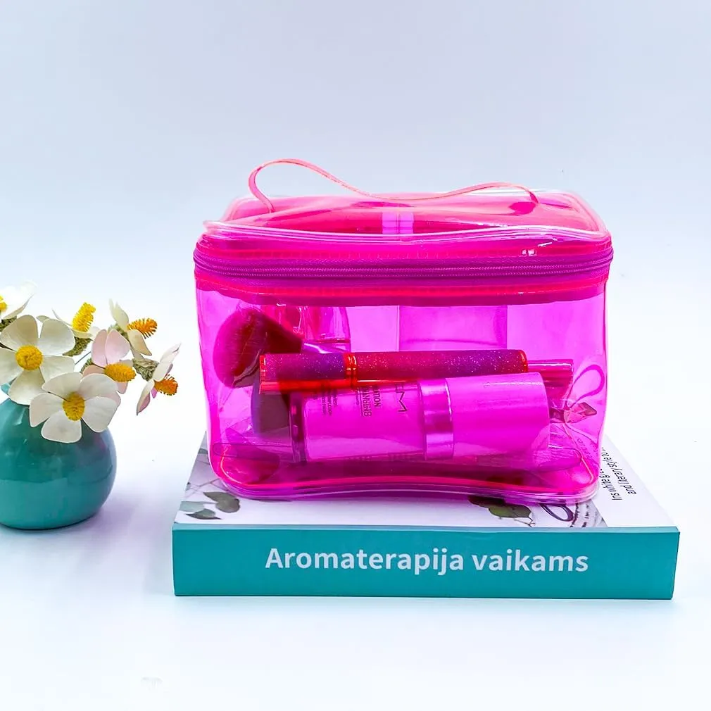 1PCS Clear Handle Zipper Cosmetic Bag and Versatile Travel Pouch,Durable PVC Material,for Makeup Travel Essentials (Pink-1pcs)