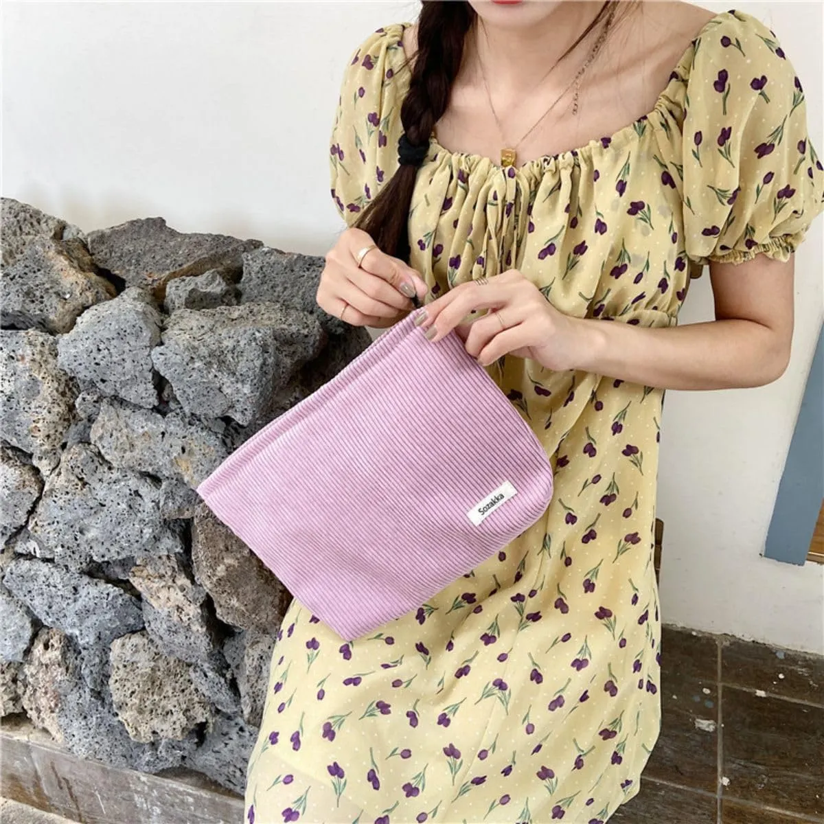 2 Pcs Womens and Corduroy Makeup Bag Roomy Cosmetic Bag and Makeup Brushes Storage Bag Pouch Purse Organizer with Zipper Pink