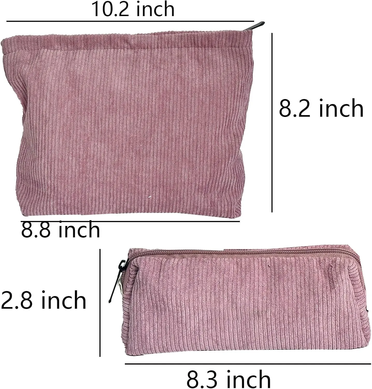 2 Pcs Womens and Corduroy Makeup Bag Roomy Cosmetic Bag and Makeup Brushes Storage Bag Pouch Purse Organizer with Zipper Pink