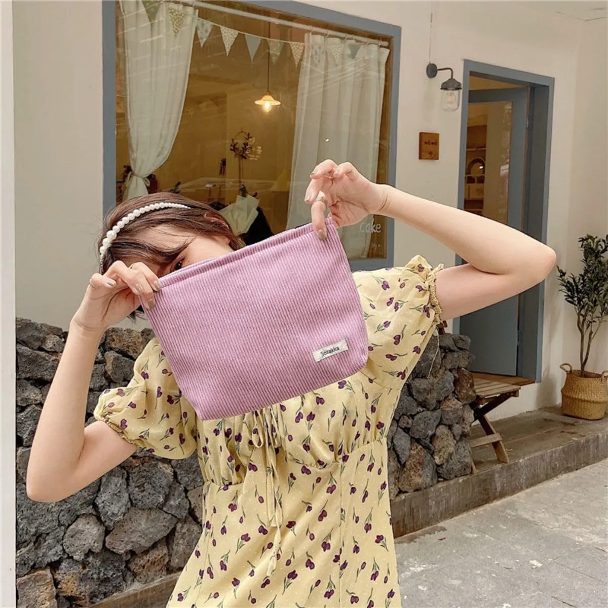2 Pcs Womens and Corduroy Makeup Bag Roomy Cosmetic Bag and Makeup Brushes Storage Bag Pouch Purse Organizer with Zipper Pink