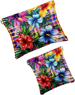 2 Piece Faux Leather Makeup Bag for Purse, Small Pouches for Purse, Waterproof Mini Bag Purse, Mini Makeup Pouch for Lipstick, Tropical Hibiscus Palm Leaves Stripes