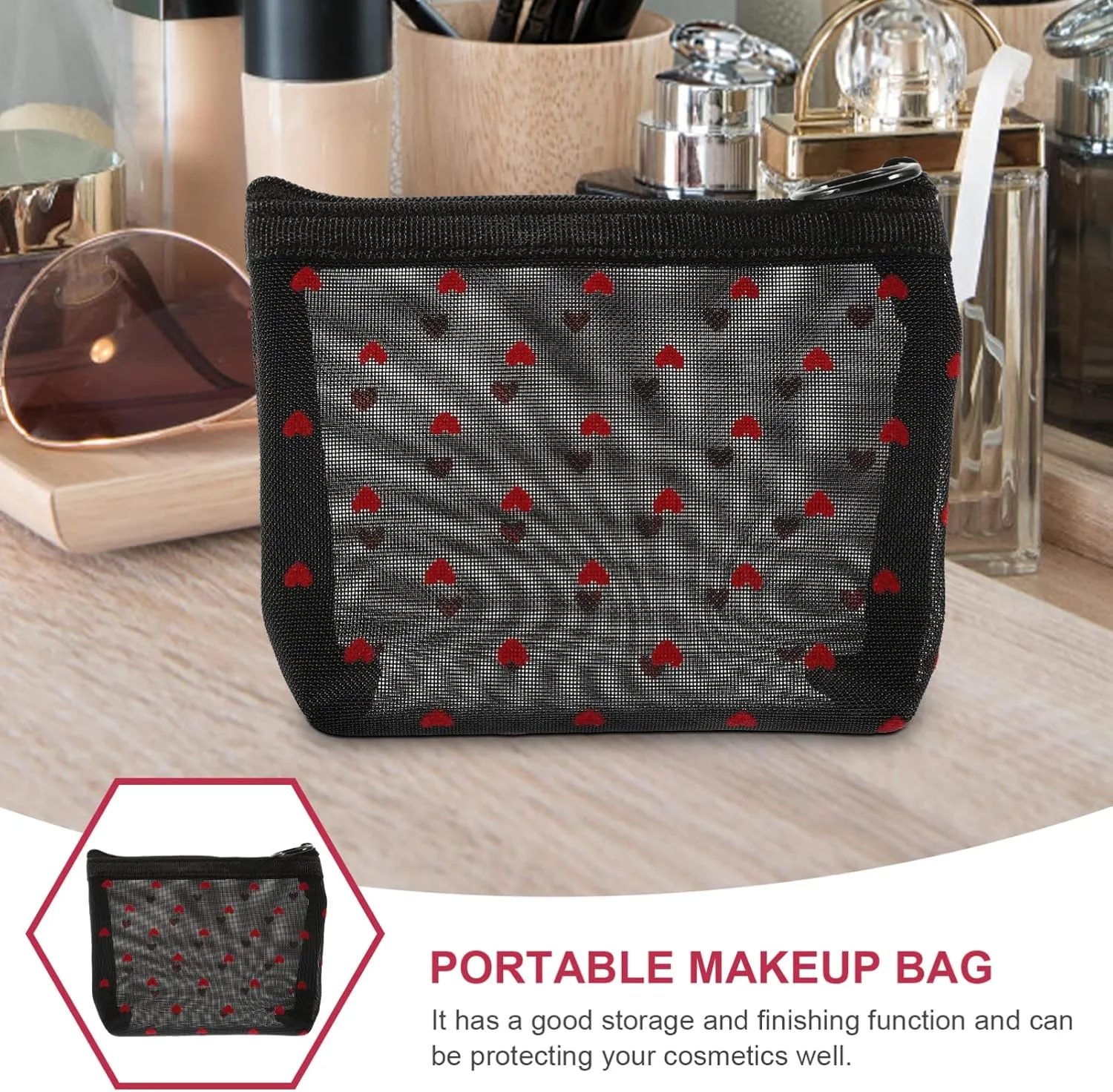 2 Sets Mesh Cosmetic Bag Toiletry Bag for Travel Clear Organizer Bags Mesh Pencil Bag Travel, Black, 12X8.5X3CM