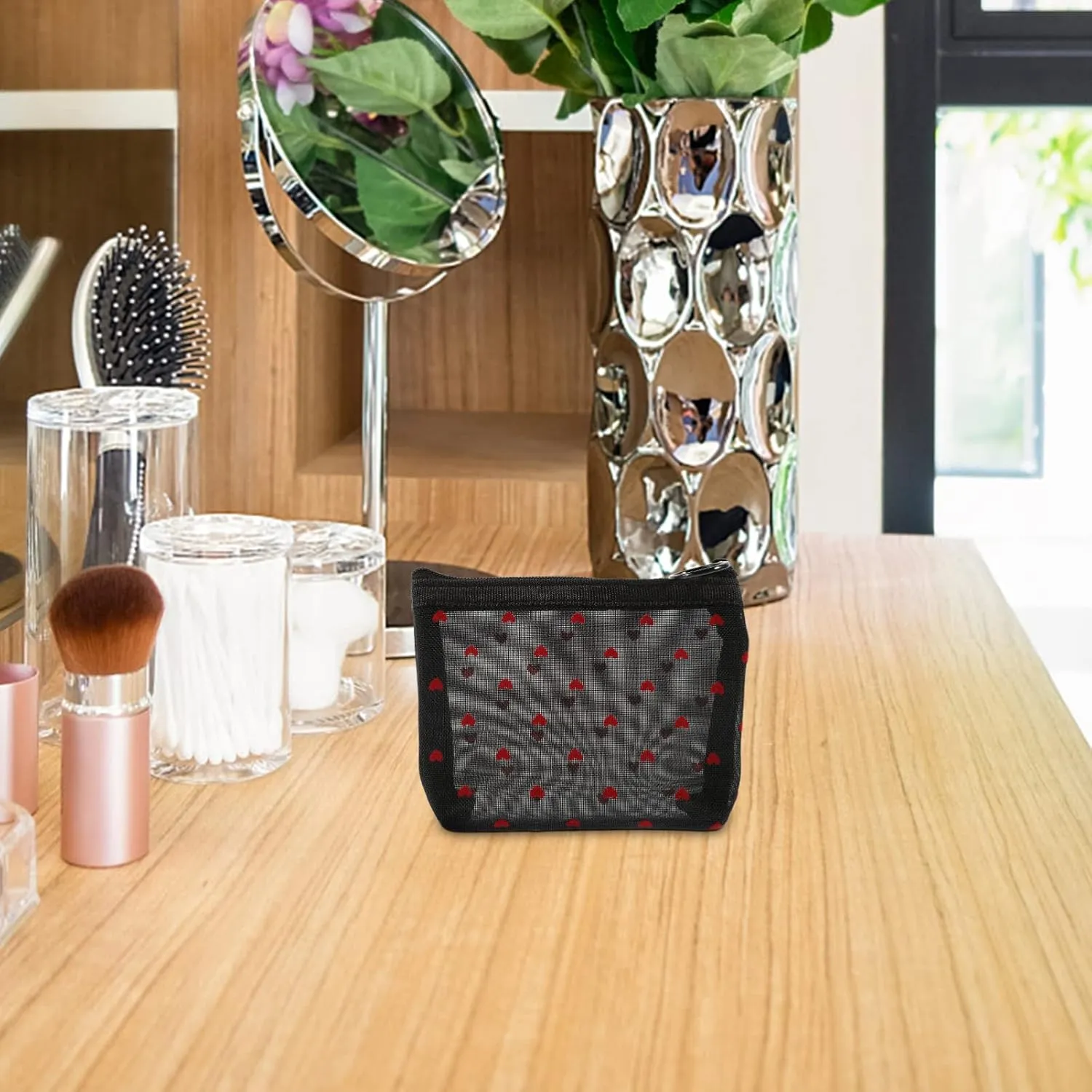 2 Sets Mesh Cosmetic Bag Toiletry Bag for Travel Clear Organizer Bags Mesh Pencil Bag Travel, Black, 12X8.5X3CM