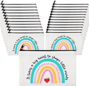 24 Pieces Teacher Cosmetic Bags Teacher Appreciation Gifts Makeup Bag Canvas Zipper Pouch Travel Toiletry Case for Teacher (It takes a big heart to shape little minds)
