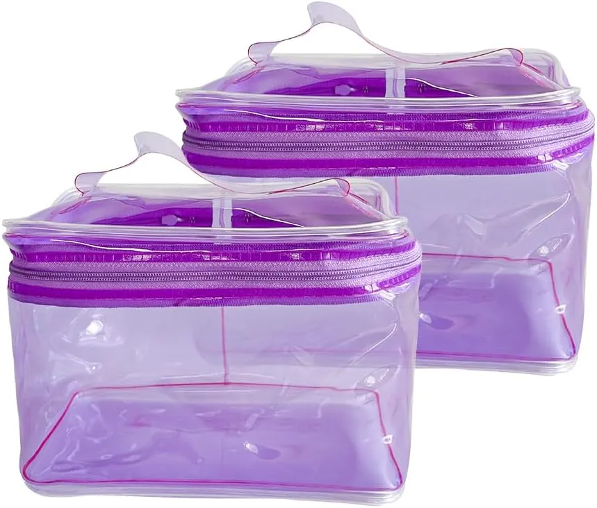 2PCS Clear Handle Zipper Cosmetic Bag and Versatile Travel Pouch,Durable PVC Material,for Makeup Travel Essentials (2 Pcs purple)