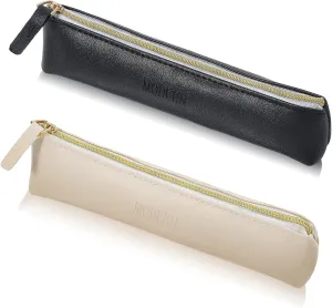 2PCS Slim Pencil Case Small Pencil Pouch Portable Leather Makeup Brush Bag for Women Girls
