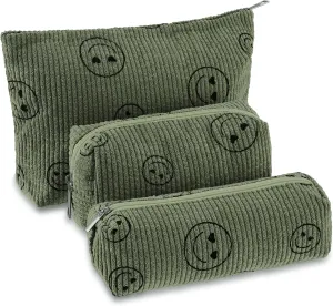 3 Pcs Makeup Bag Set for Women Corduroy Cosmetic Pouch Aesthetic Smile Travel Toiletry Bag Cute Purse Pouch Pencil Case Makeup Brushes Storage Organizer with Zipper(Army Green,Smile Face)