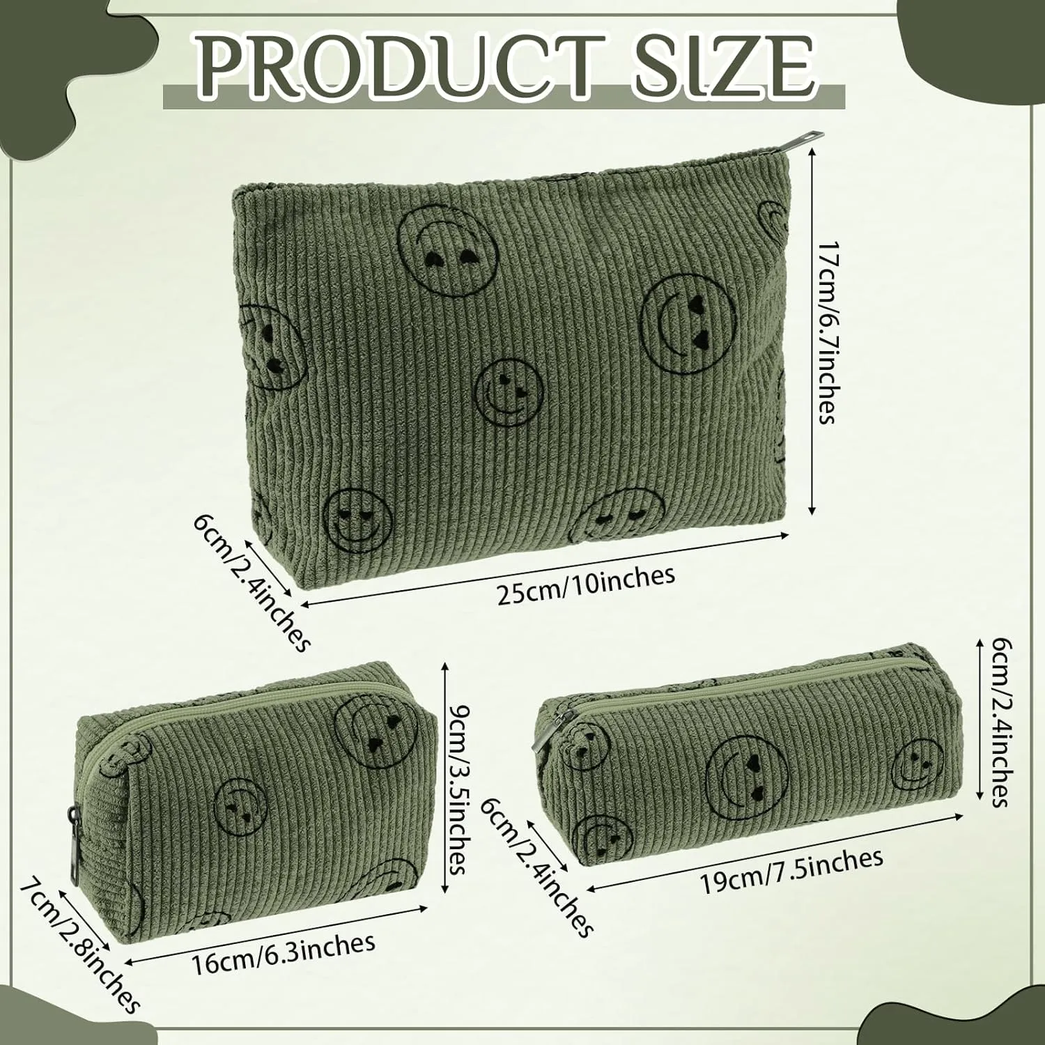 3 Pcs Makeup Bag Set for Women Corduroy Cosmetic Pouch Aesthetic Smile Travel Toiletry Bag Cute Purse Pouch Pencil Case Makeup Brushes Storage Organizer with Zipper(Army Green,Smile Face)