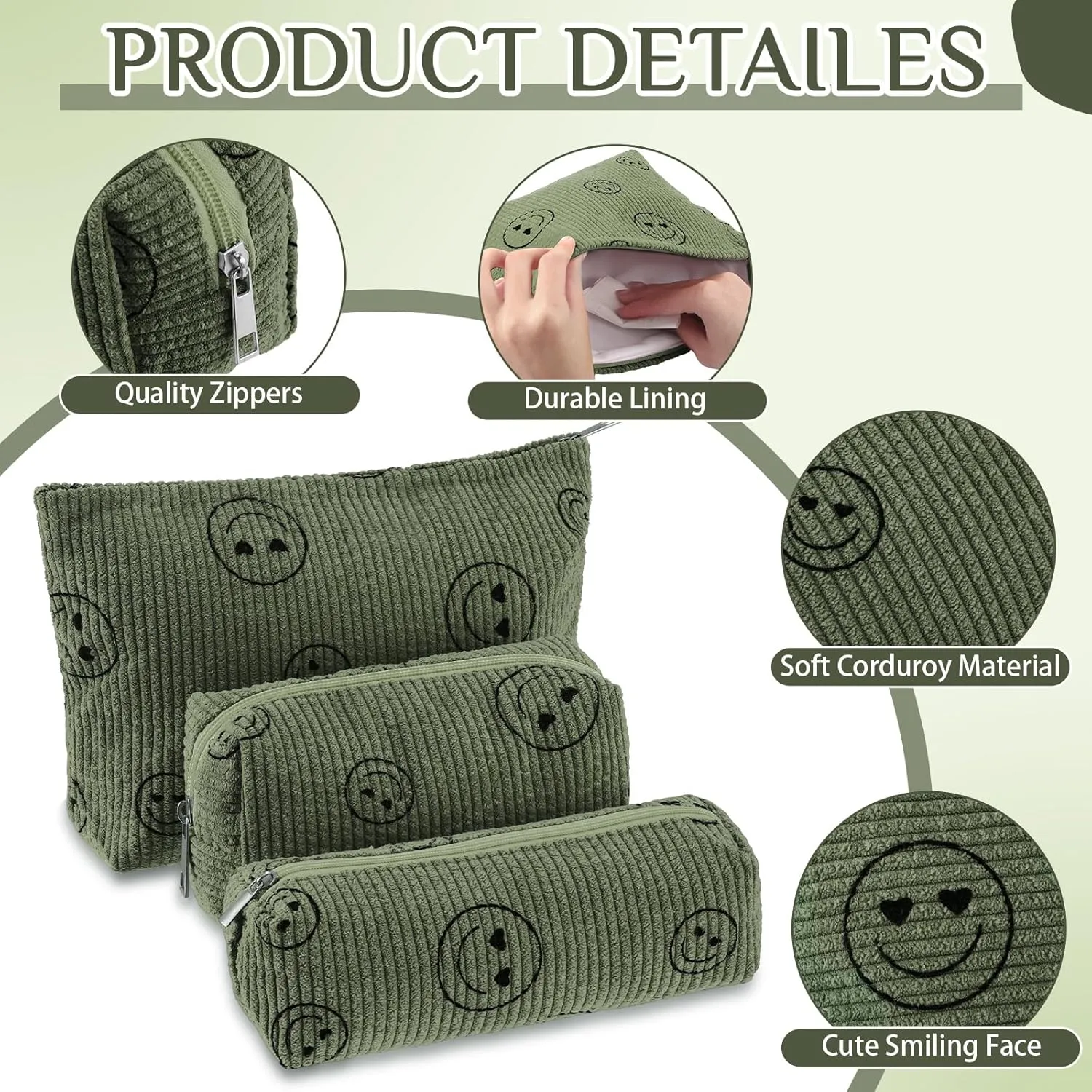 3 Pcs Makeup Bag Set for Women Corduroy Cosmetic Pouch Aesthetic Smile Travel Toiletry Bag Cute Purse Pouch Pencil Case Makeup Brushes Storage Organizer with Zipper(Army Green,Smile Face)