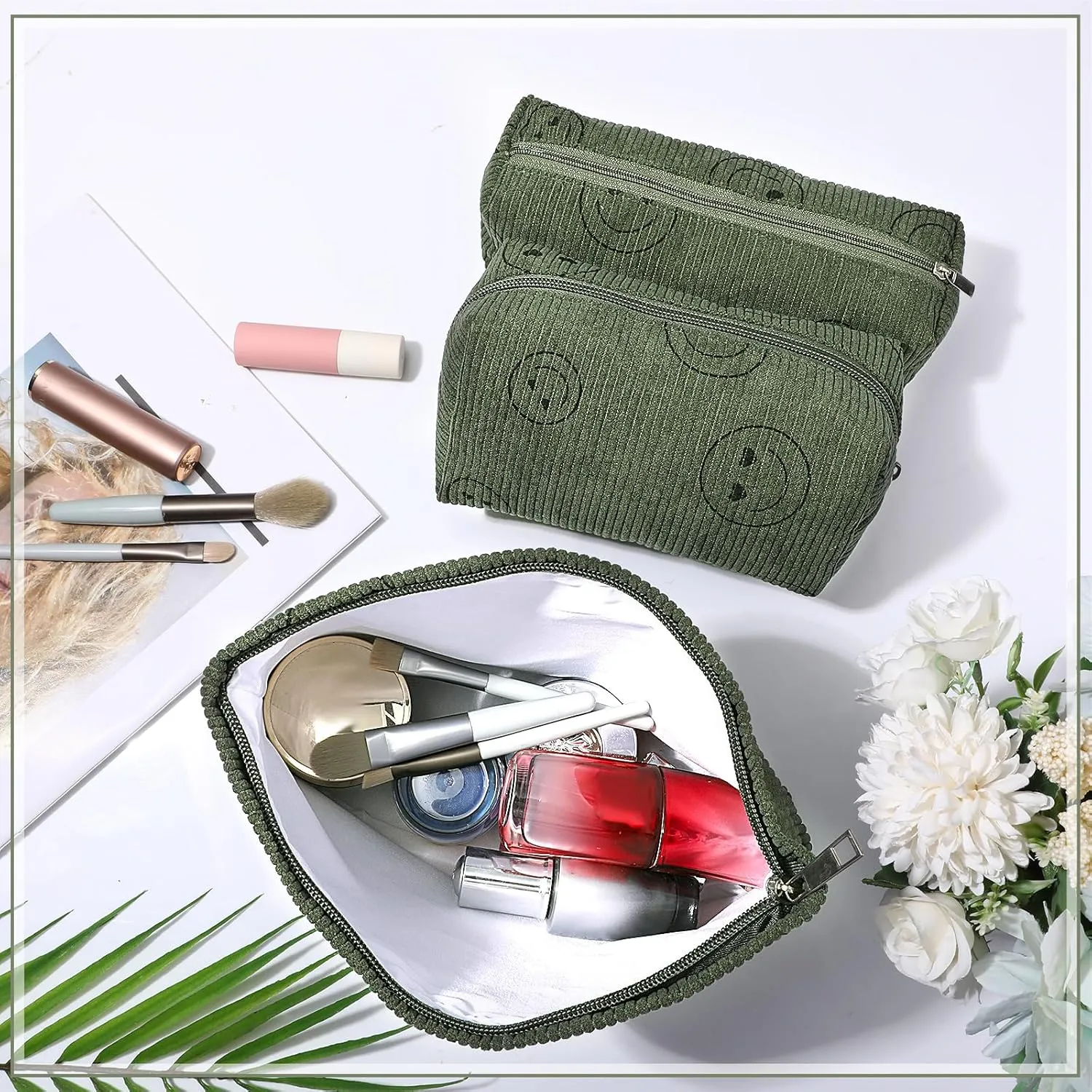 3 Pcs Makeup Bag Set for Women Corduroy Cosmetic Pouch Aesthetic Smile Travel Toiletry Bag Cute Purse Pouch Pencil Case Makeup Brushes Storage Organizer with Zipper(Army Green,Smile Face)