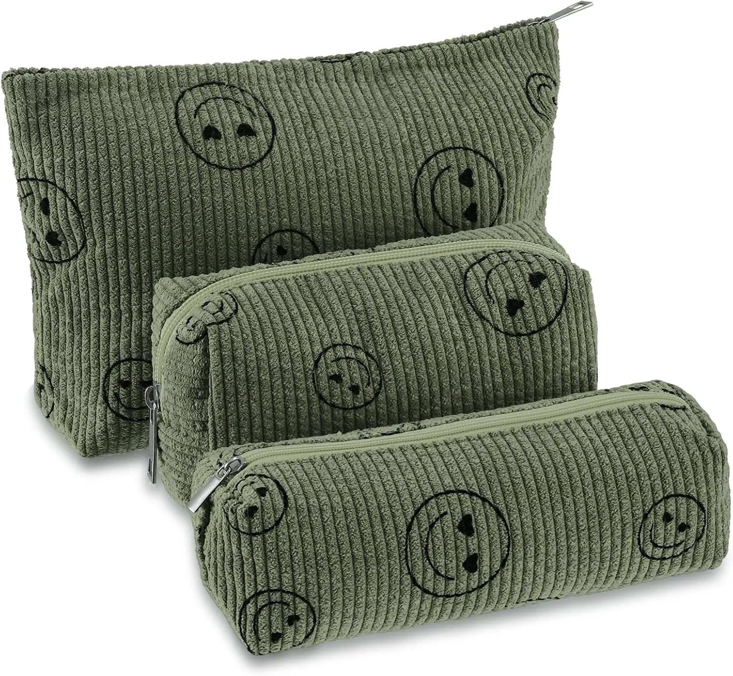 3 Pcs Makeup Bag Set for Women Corduroy Cosmetic Pouch Aesthetic Smile Travel Toiletry Bag Cute Purse Pouch Pencil Case Makeup Brushes Storage Organizer with Zipper(Army Green,Smile Face)