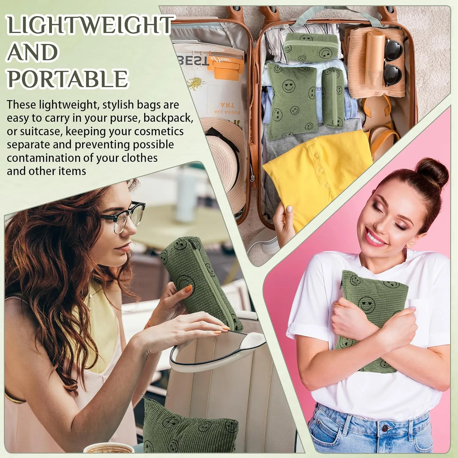 3 Pcs Makeup Bag Set for Women Corduroy Cosmetic Pouch Aesthetic Smile Travel Toiletry Bag Cute Purse Pouch Pencil Case Makeup Brushes Storage Organizer with Zipper(Army Green,Smile Face)