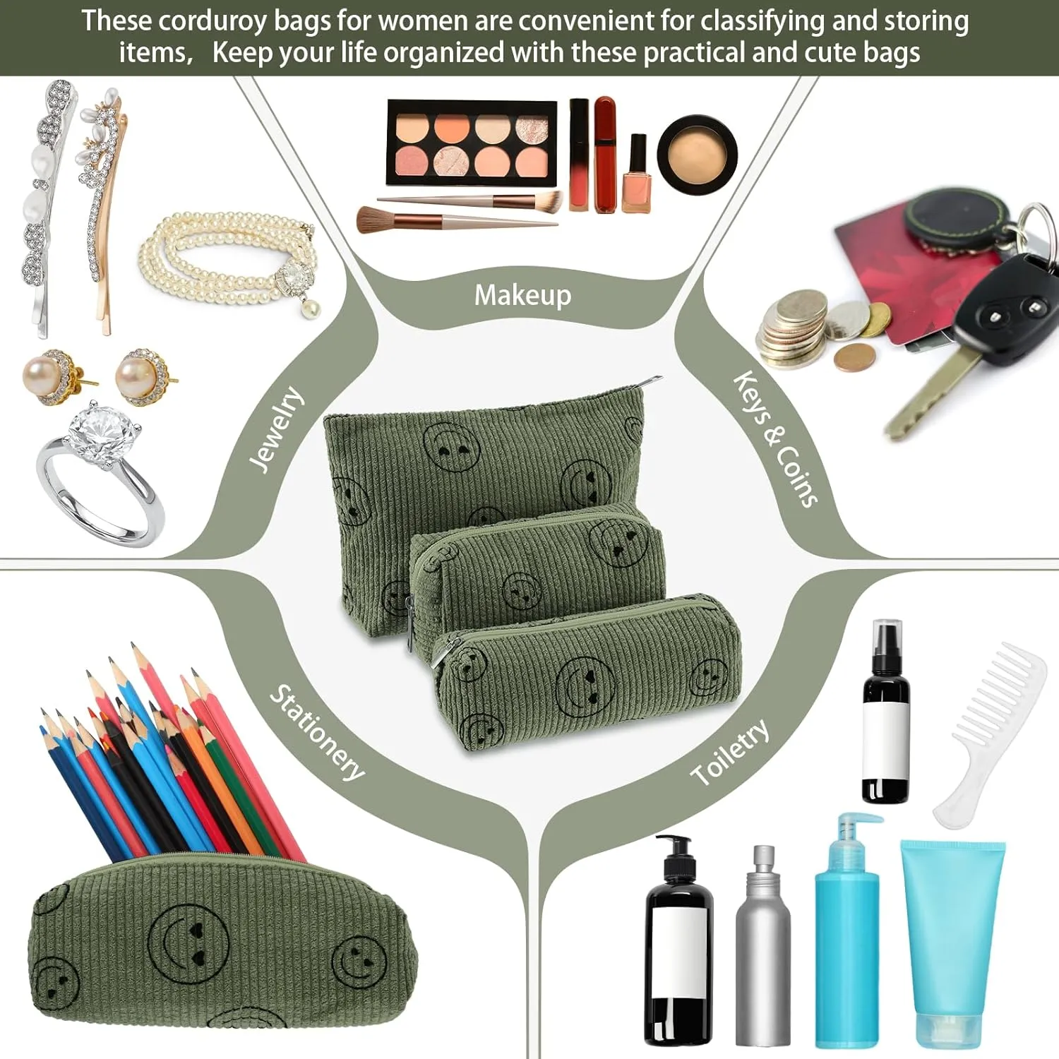 3 Pcs Makeup Bag Set for Women Corduroy Cosmetic Pouch Aesthetic Smile Travel Toiletry Bag Cute Purse Pouch Pencil Case Makeup Brushes Storage Organizer with Zipper(Army Green,Smile Face)