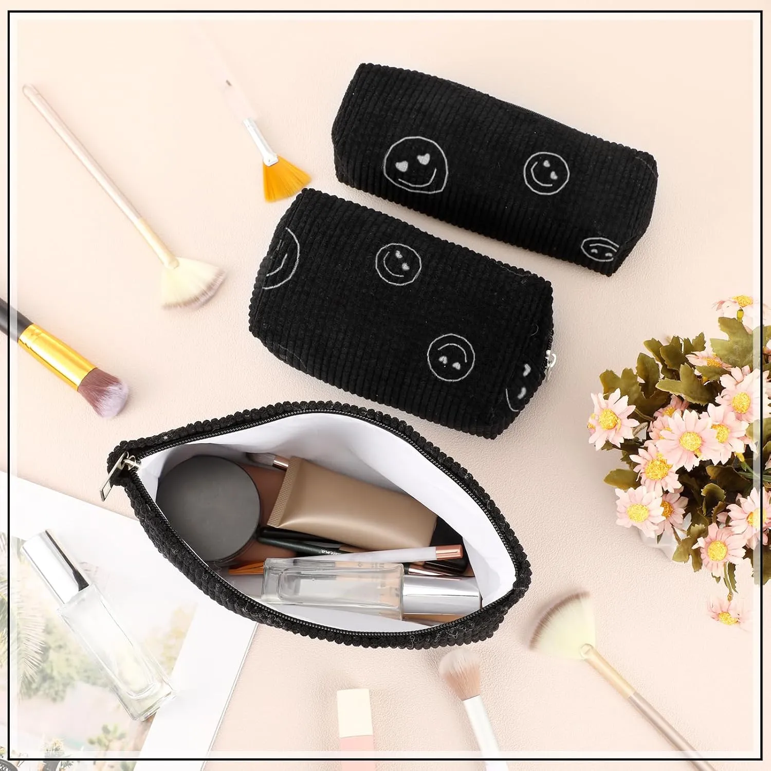 3 Pcs Makeup Bag Set for Women Corduroy Cosmetic Pouch Aesthetic Smile Travel Toiletry Bag Cute Purse Pouch Pencil Case Makeup Brushes Storage Organizer with Zipper(Black,Smile Face)