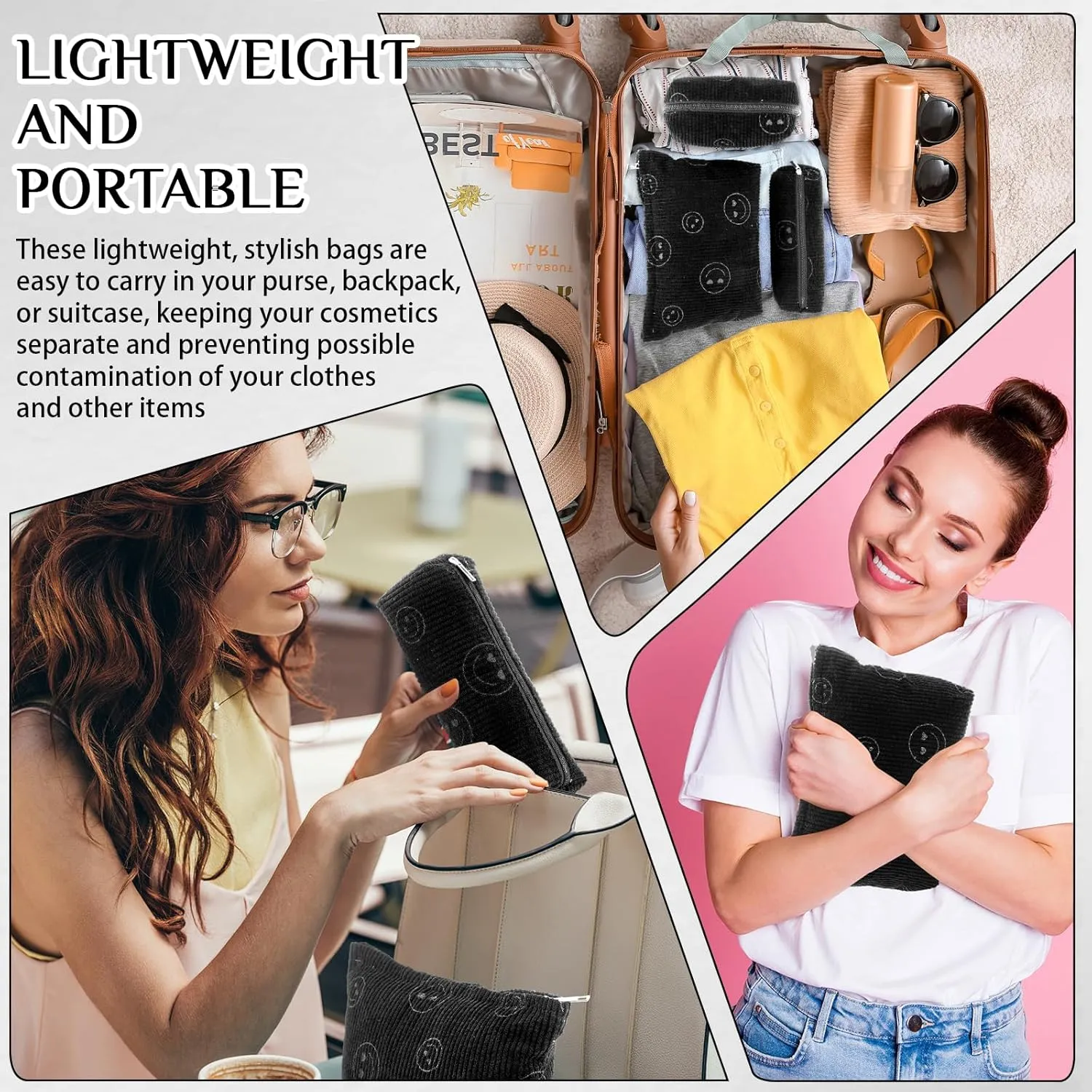 3 Pcs Makeup Bag Set for Women Corduroy Cosmetic Pouch Aesthetic Smile Travel Toiletry Bag Cute Purse Pouch Pencil Case Makeup Brushes Storage Organizer with Zipper(Black,Smile Face)