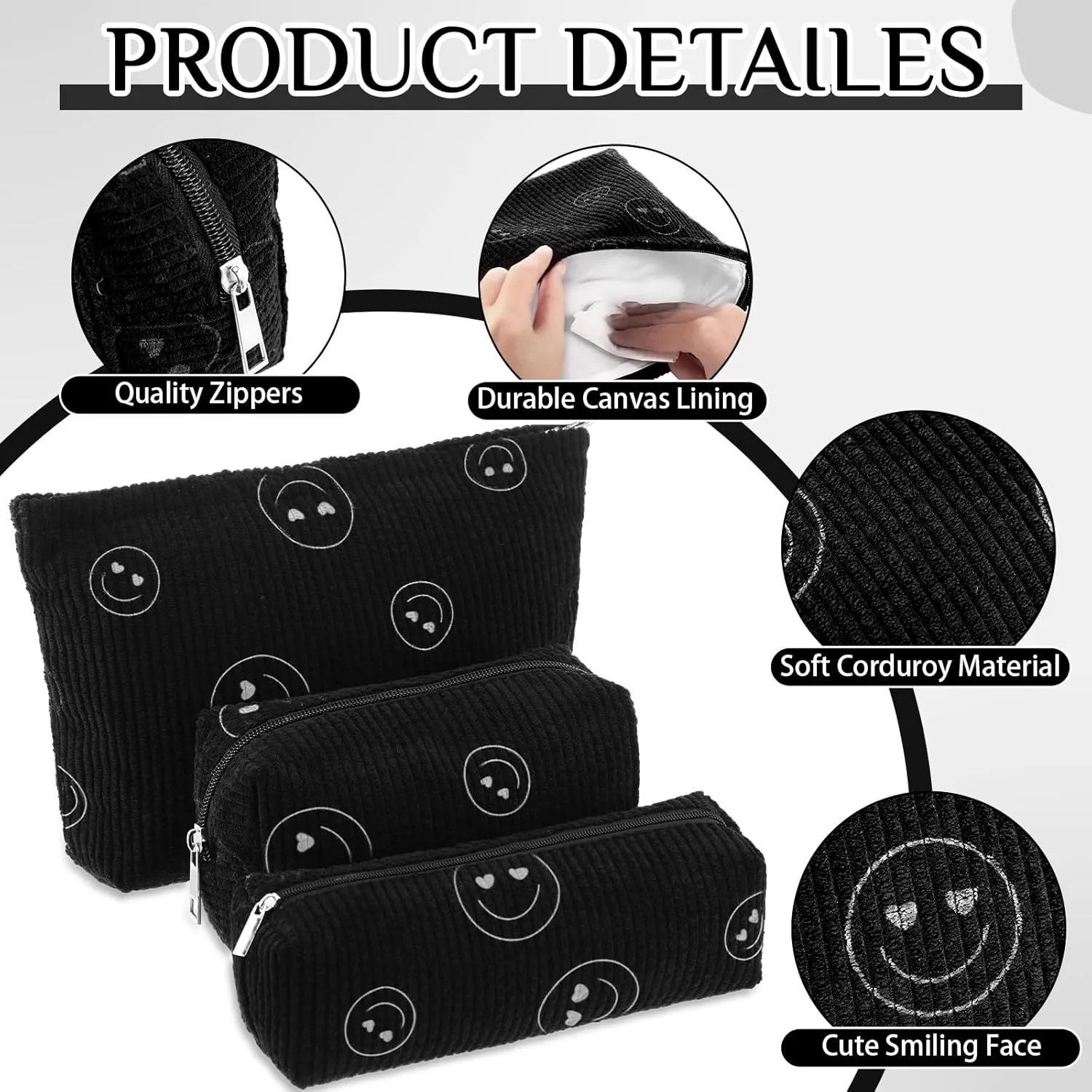 3 Pcs Makeup Bag Set for Women Corduroy Cosmetic Pouch Aesthetic Smile Travel Toiletry Bag Cute Purse Pouch Pencil Case Makeup Brushes Storage Organizer with Zipper(Black,Smile Face)
