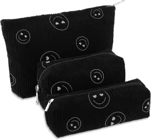 3 Pcs Makeup Bag Set for Women Corduroy Cosmetic Pouch Aesthetic Smile Travel Toiletry Bag Cute Purse Pouch Pencil Case Makeup Brushes Storage Organizer with Zipper(Black,Smile Face)