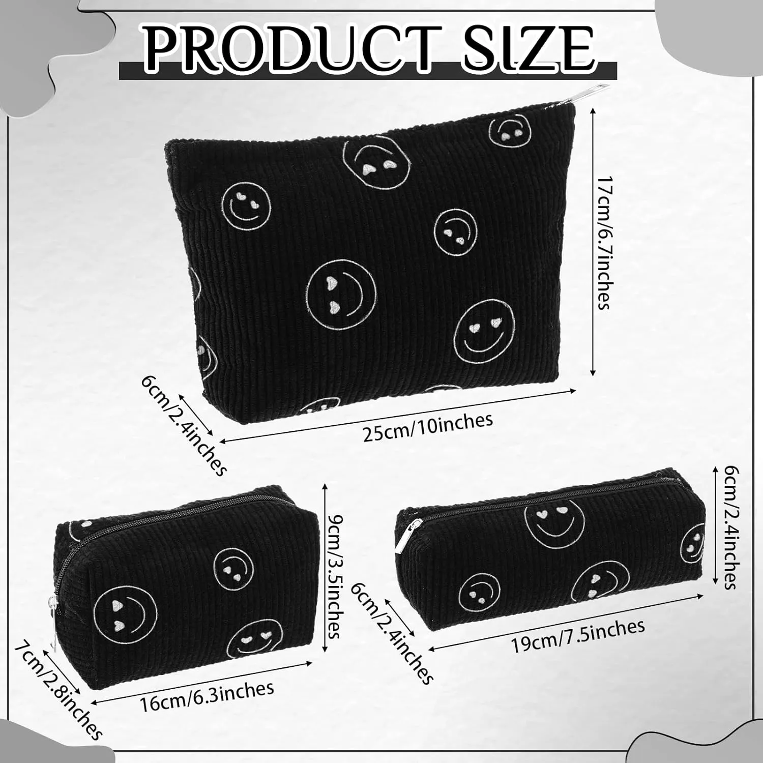 3 Pcs Makeup Bag Set for Women Corduroy Cosmetic Pouch Aesthetic Smile Travel Toiletry Bag Cute Purse Pouch Pencil Case Makeup Brushes Storage Organizer with Zipper(Black,Smile Face)