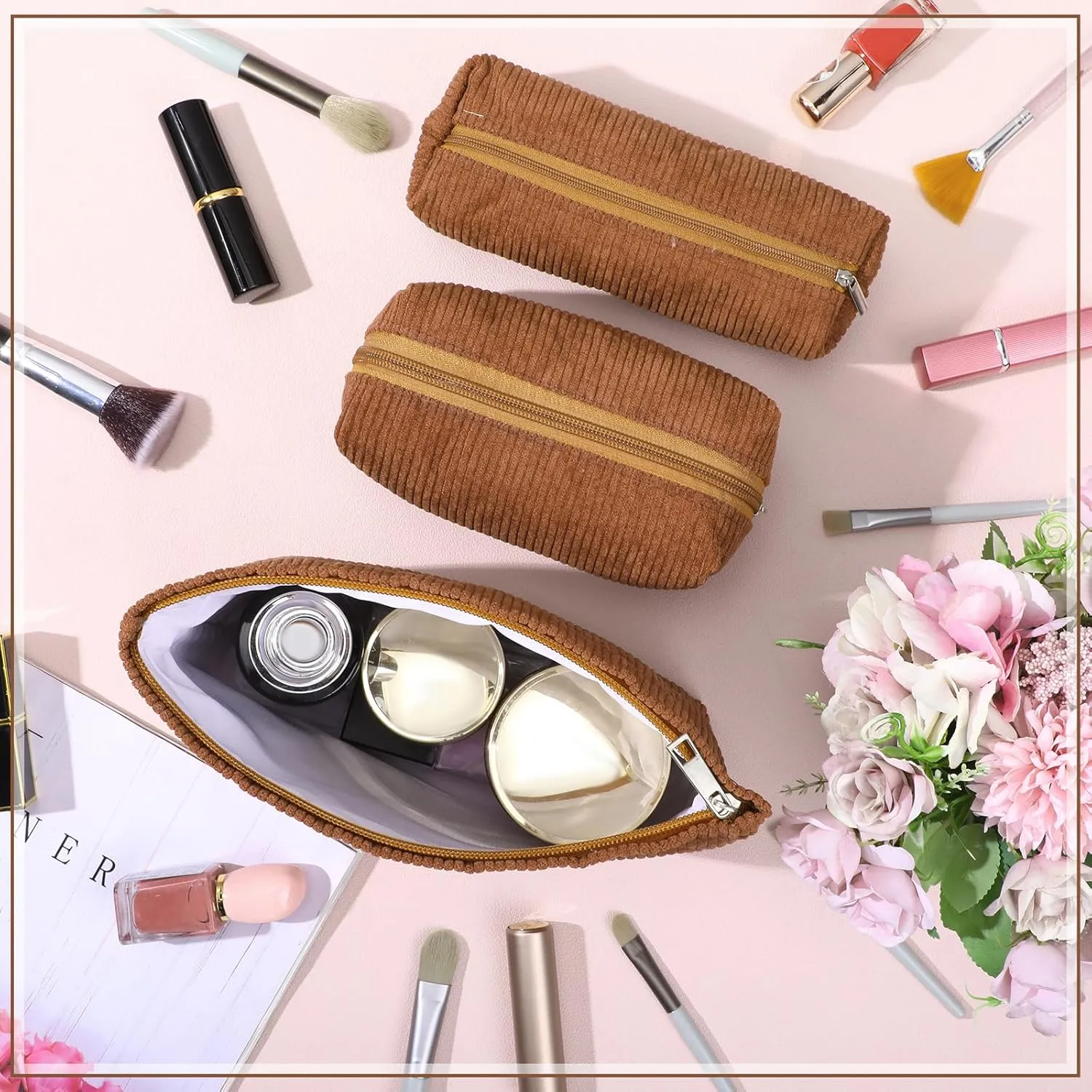 3 Pcs Makeup Bag Set for Women Corduroy Cosmetic Pouch Aesthetic Smile Travel Toiletry Bag Cute Purse Pouch Pencil Case Makeup Brushes Storage Organizer with Zipper(Brown,Solid Style)