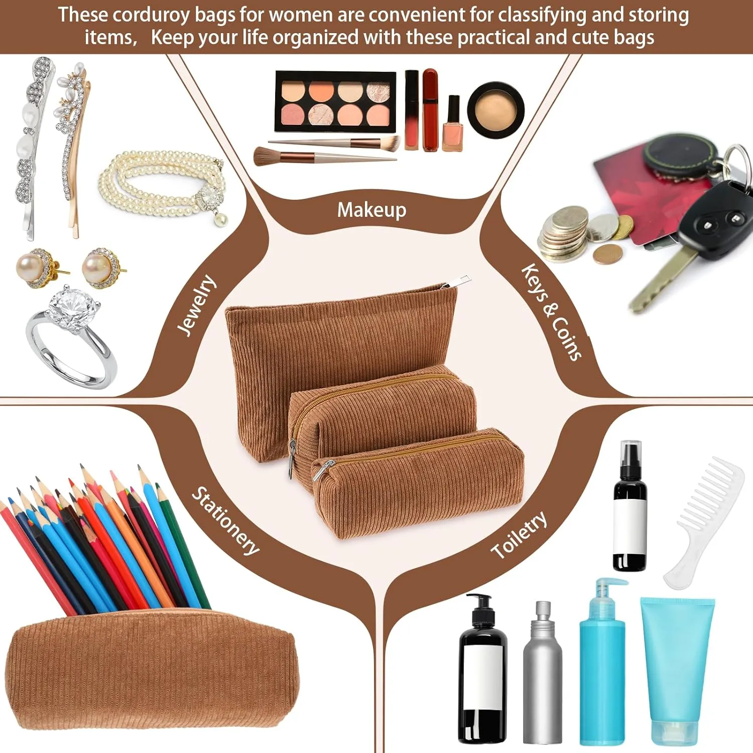 3 Pcs Makeup Bag Set for Women Corduroy Cosmetic Pouch Aesthetic Smile Travel Toiletry Bag Cute Purse Pouch Pencil Case Makeup Brushes Storage Organizer with Zipper(Brown,Solid Style)