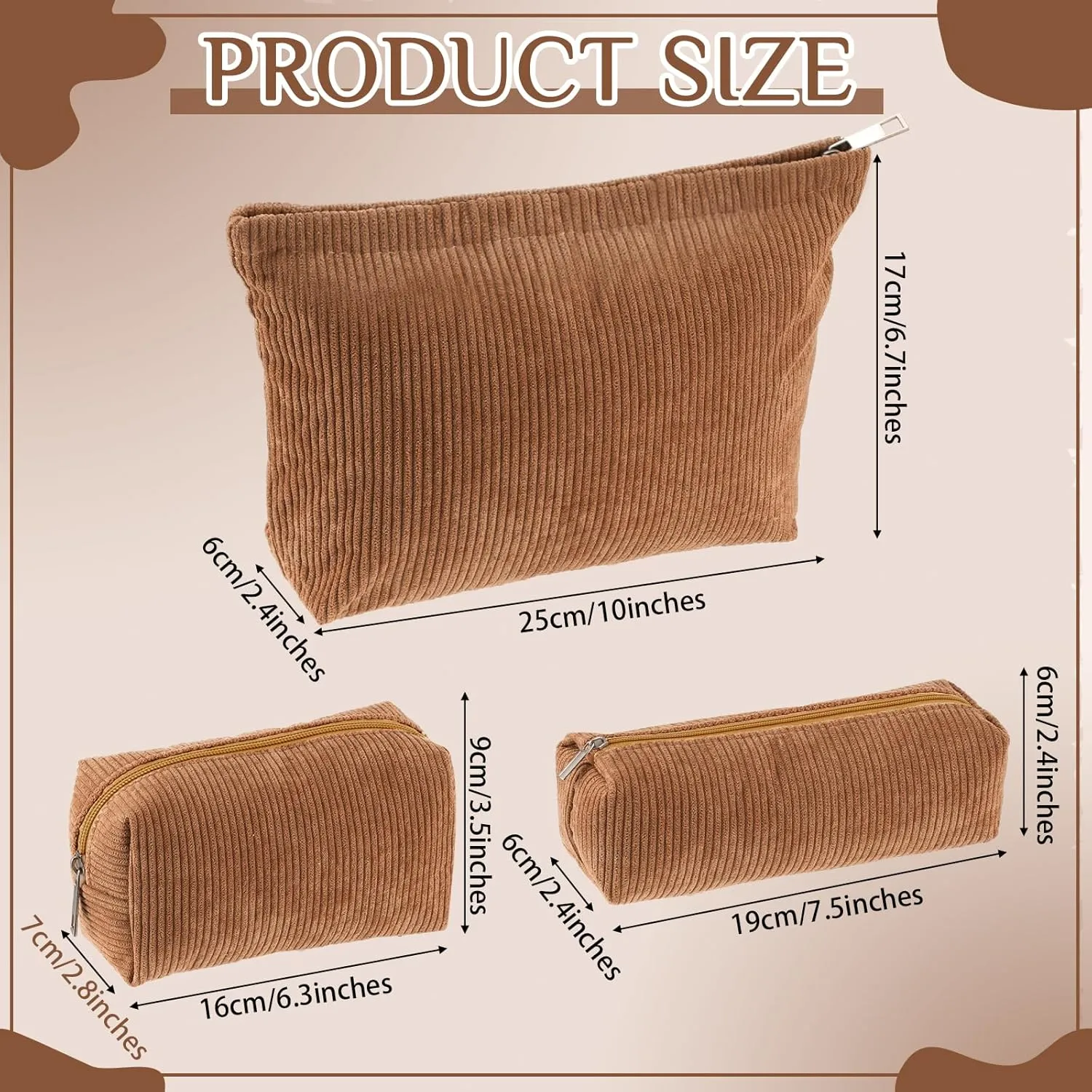 3 Pcs Makeup Bag Set for Women Corduroy Cosmetic Pouch Aesthetic Smile Travel Toiletry Bag Cute Purse Pouch Pencil Case Makeup Brushes Storage Organizer with Zipper(Brown,Solid Style)