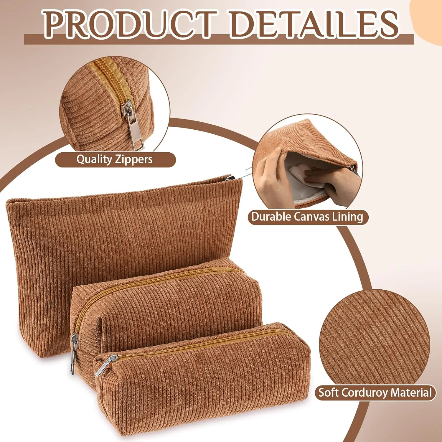3 Pcs Makeup Bag Set for Women Corduroy Cosmetic Pouch Aesthetic Smile Travel Toiletry Bag Cute Purse Pouch Pencil Case Makeup Brushes Storage Organizer with Zipper(Brown,Solid Style)