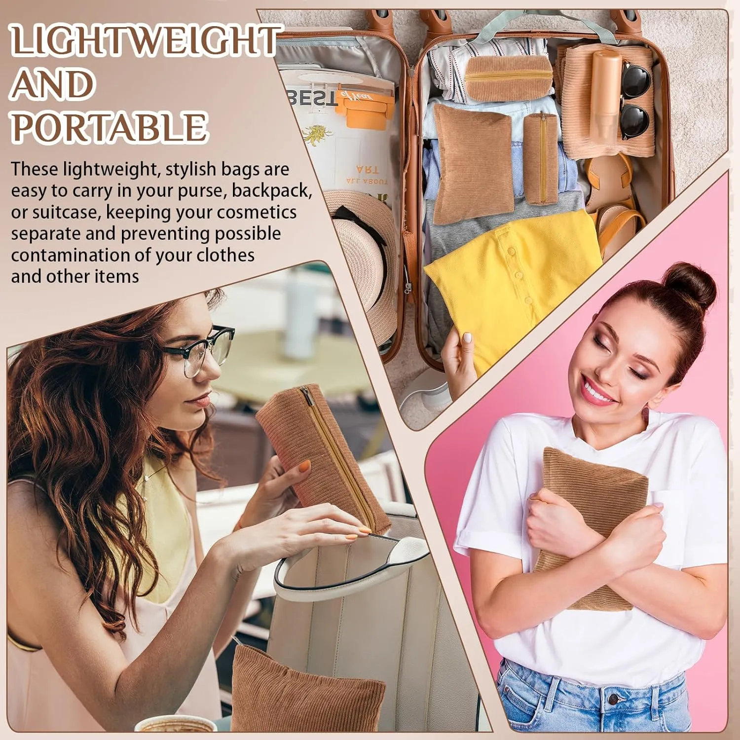 3 Pcs Makeup Bag Set for Women Corduroy Cosmetic Pouch Aesthetic Smile Travel Toiletry Bag Cute Purse Pouch Pencil Case Makeup Brushes Storage Organizer with Zipper(Brown,Solid Style)