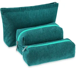 3 Pcs Makeup Bag Set for Women Corduroy Cosmetic Pouch Aesthetic Smile Travel Toiletry Bag Cute Purse Pouch Pencil Case Makeup Brushes Storage Organizer with Zipper(Dark Green,Solid Style)