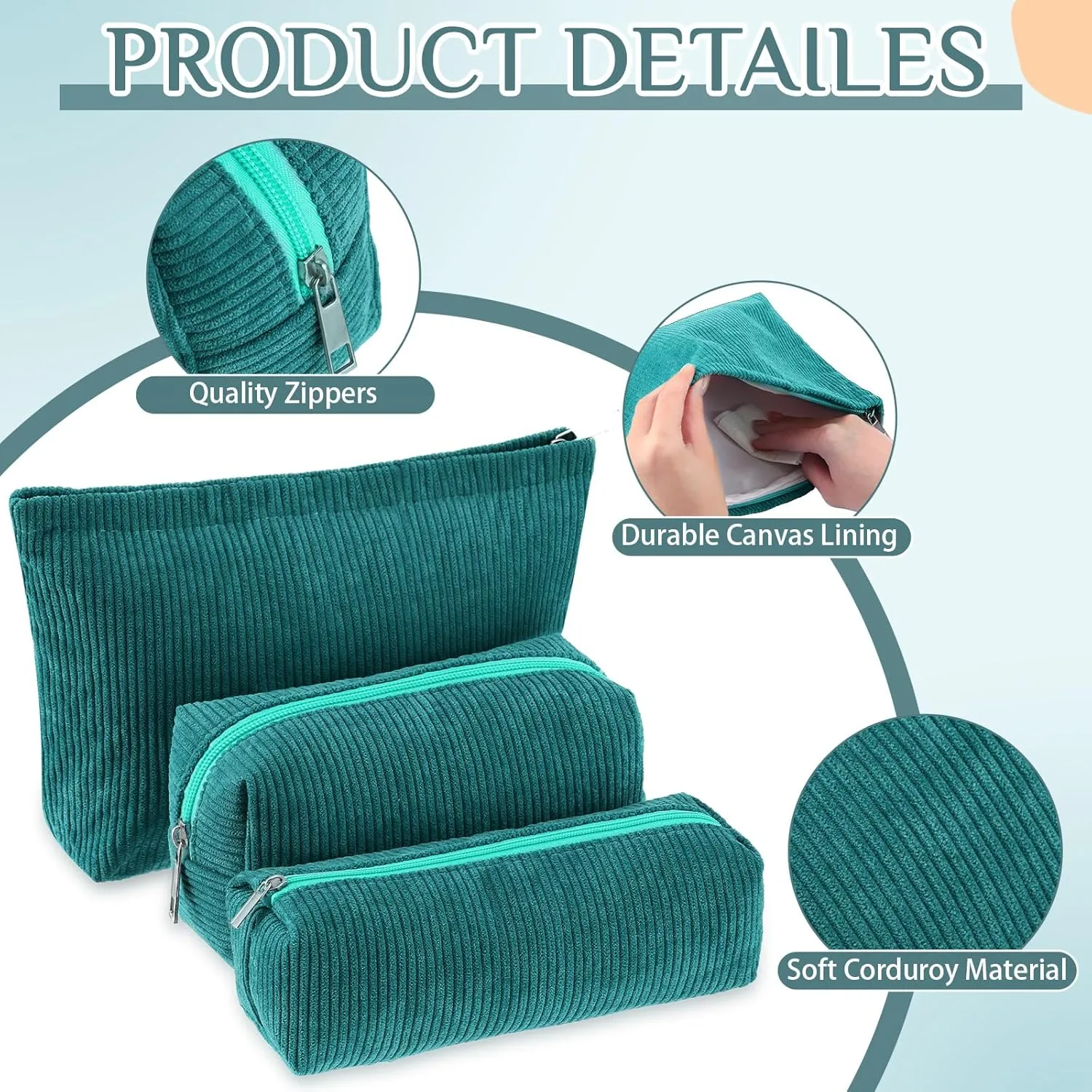 3 Pcs Makeup Bag Set for Women Corduroy Cosmetic Pouch Aesthetic Smile Travel Toiletry Bag Cute Purse Pouch Pencil Case Makeup Brushes Storage Organizer with Zipper(Dark Green,Solid Style)