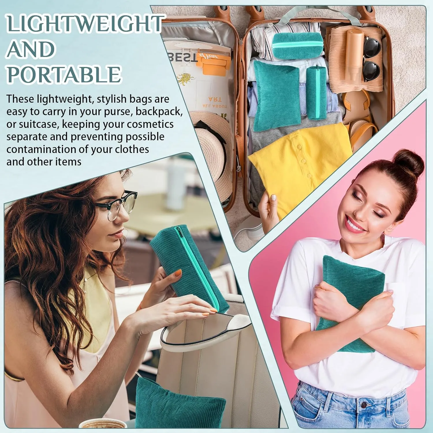 3 Pcs Makeup Bag Set for Women Corduroy Cosmetic Pouch Aesthetic Smile Travel Toiletry Bag Cute Purse Pouch Pencil Case Makeup Brushes Storage Organizer with Zipper(Dark Green,Solid Style)