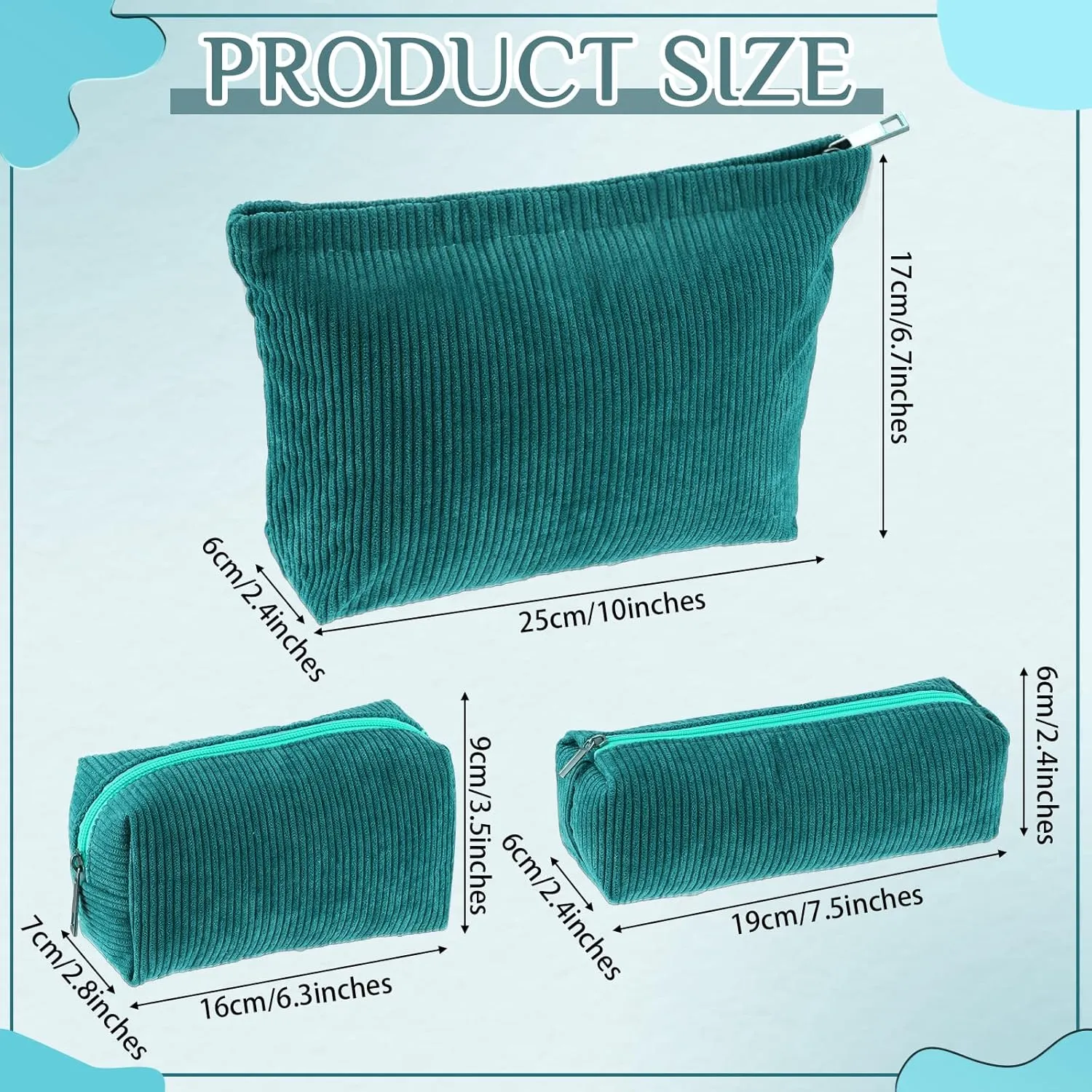 3 Pcs Makeup Bag Set for Women Corduroy Cosmetic Pouch Aesthetic Smile Travel Toiletry Bag Cute Purse Pouch Pencil Case Makeup Brushes Storage Organizer with Zipper(Dark Green,Solid Style)