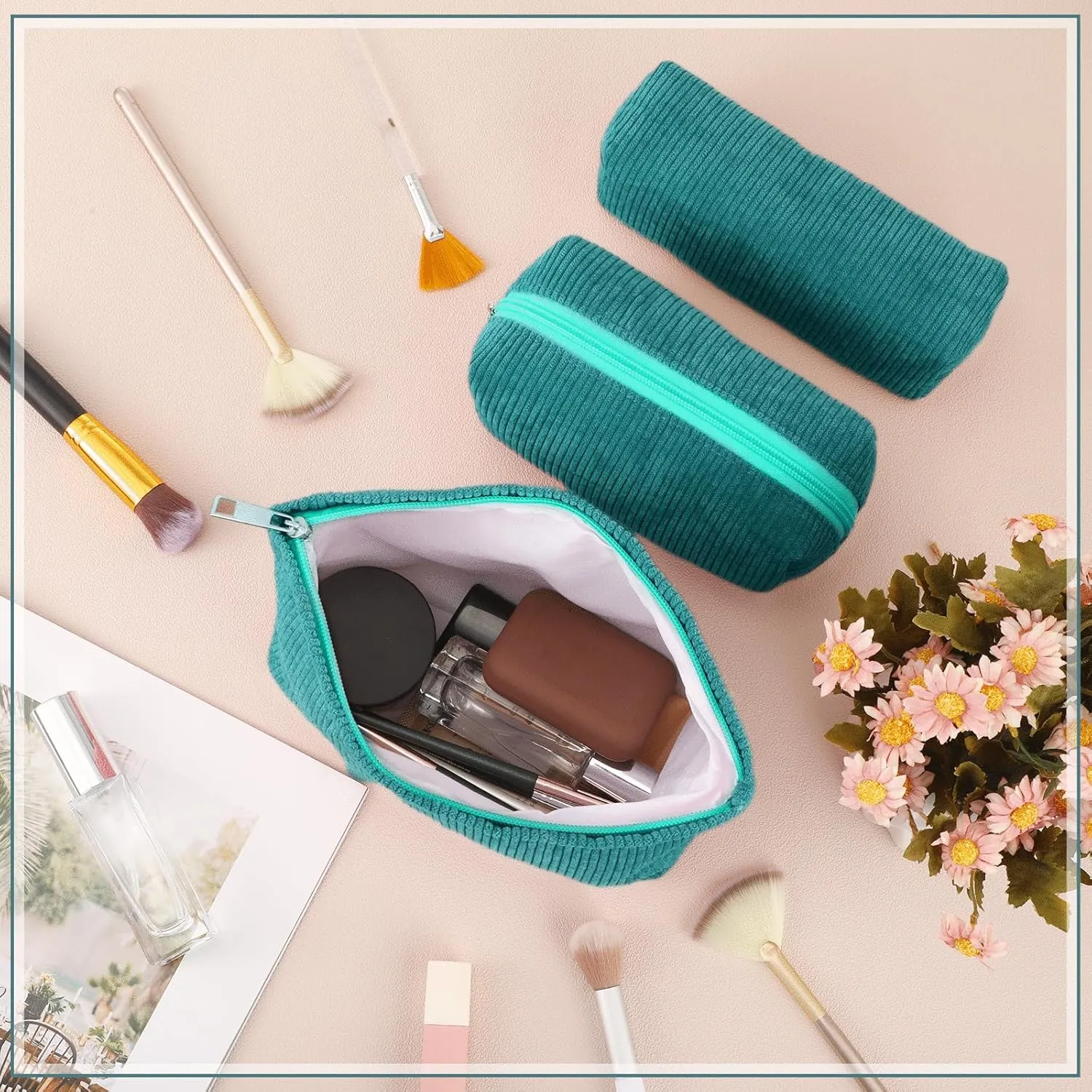 3 Pcs Makeup Bag Set for Women Corduroy Cosmetic Pouch Aesthetic Smile Travel Toiletry Bag Cute Purse Pouch Pencil Case Makeup Brushes Storage Organizer with Zipper(Dark Green,Solid Style)