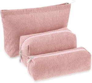 3 Pcs Makeup Bag Set for Women Corduroy Cosmetic Pouch Aesthetic Smile Travel Toiletry Bag Cute Purse Pouch Pencil Case Makeup Brushes Storage Organizer with Zipper(Pink,Solid Style)