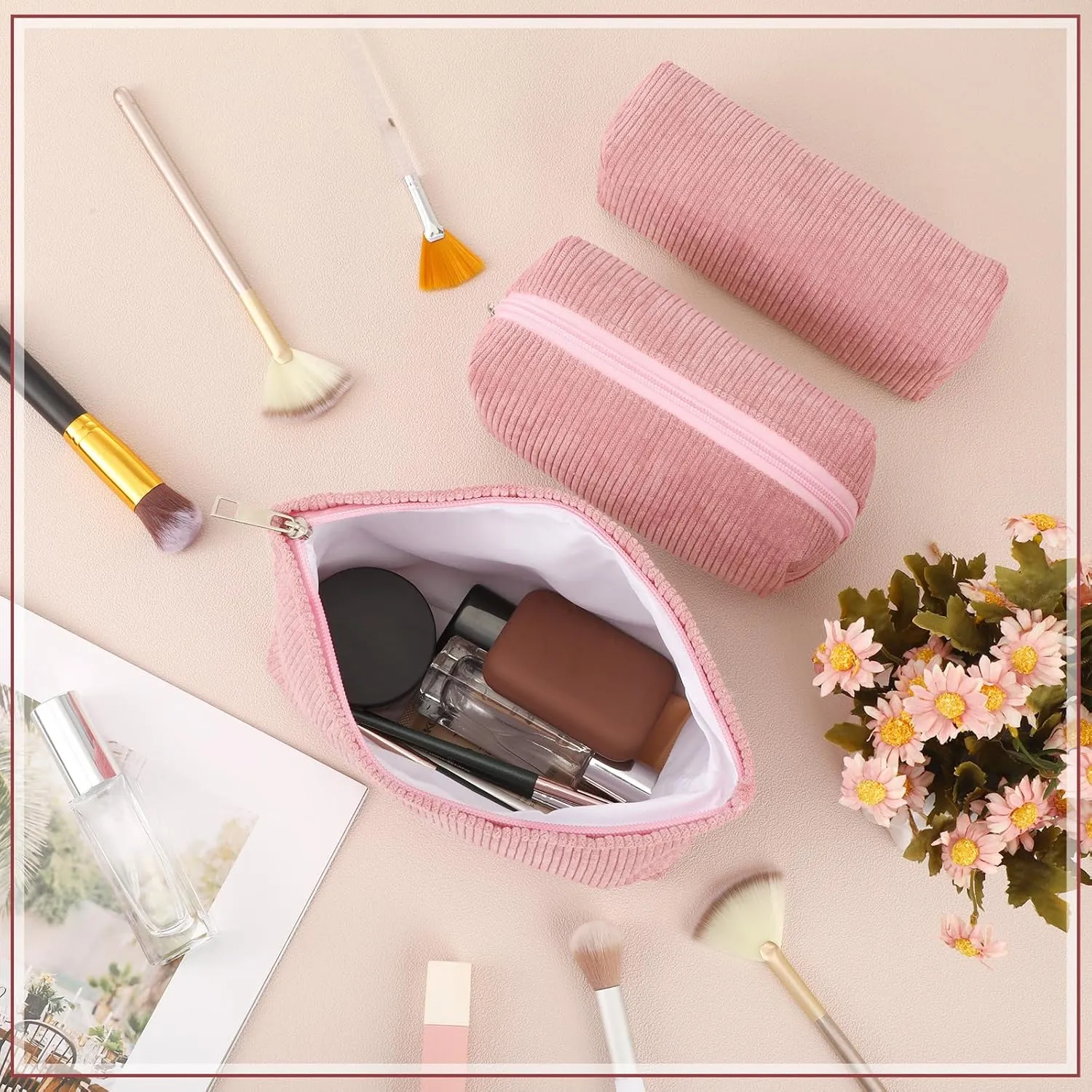 3 Pcs Makeup Bag Set for Women Corduroy Cosmetic Pouch Aesthetic Smile Travel Toiletry Bag Cute Purse Pouch Pencil Case Makeup Brushes Storage Organizer with Zipper(Pink,Solid Style)