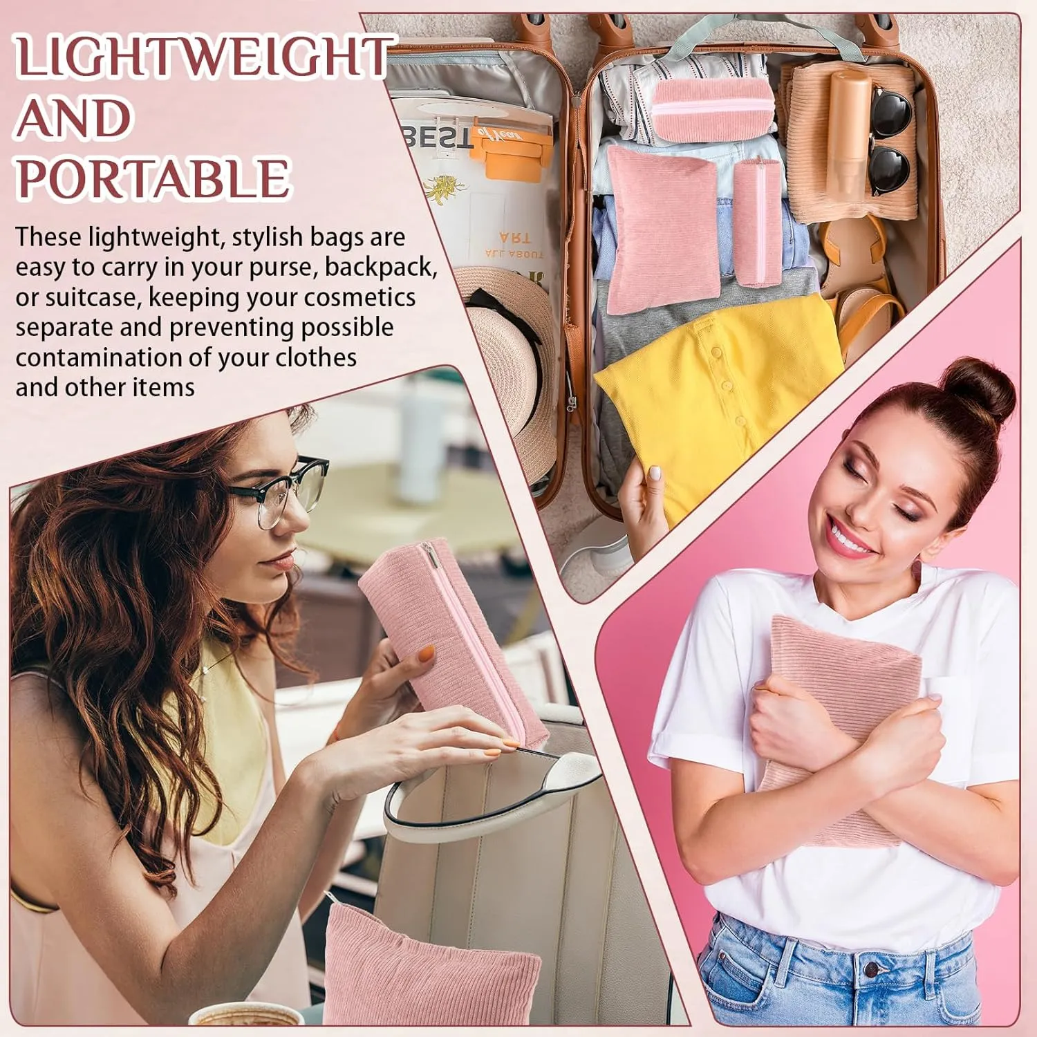 3 Pcs Makeup Bag Set for Women Corduroy Cosmetic Pouch Aesthetic Smile Travel Toiletry Bag Cute Purse Pouch Pencil Case Makeup Brushes Storage Organizer with Zipper(Pink,Solid Style)