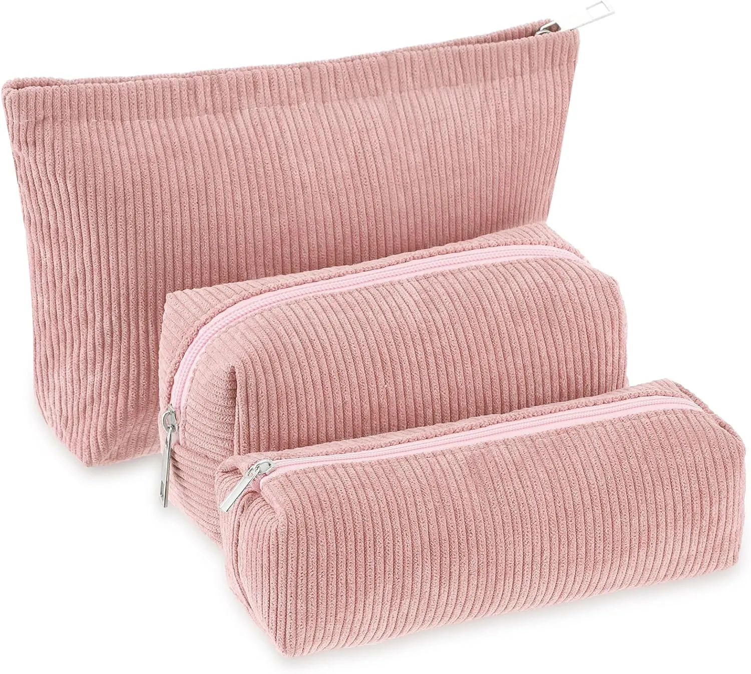 3 Pcs Makeup Bag Set for Women Corduroy Cosmetic Pouch Aesthetic Smile Travel Toiletry Bag Cute Purse Pouch Pencil Case Makeup Brushes Storage Organizer with Zipper(Pink,Solid Style)