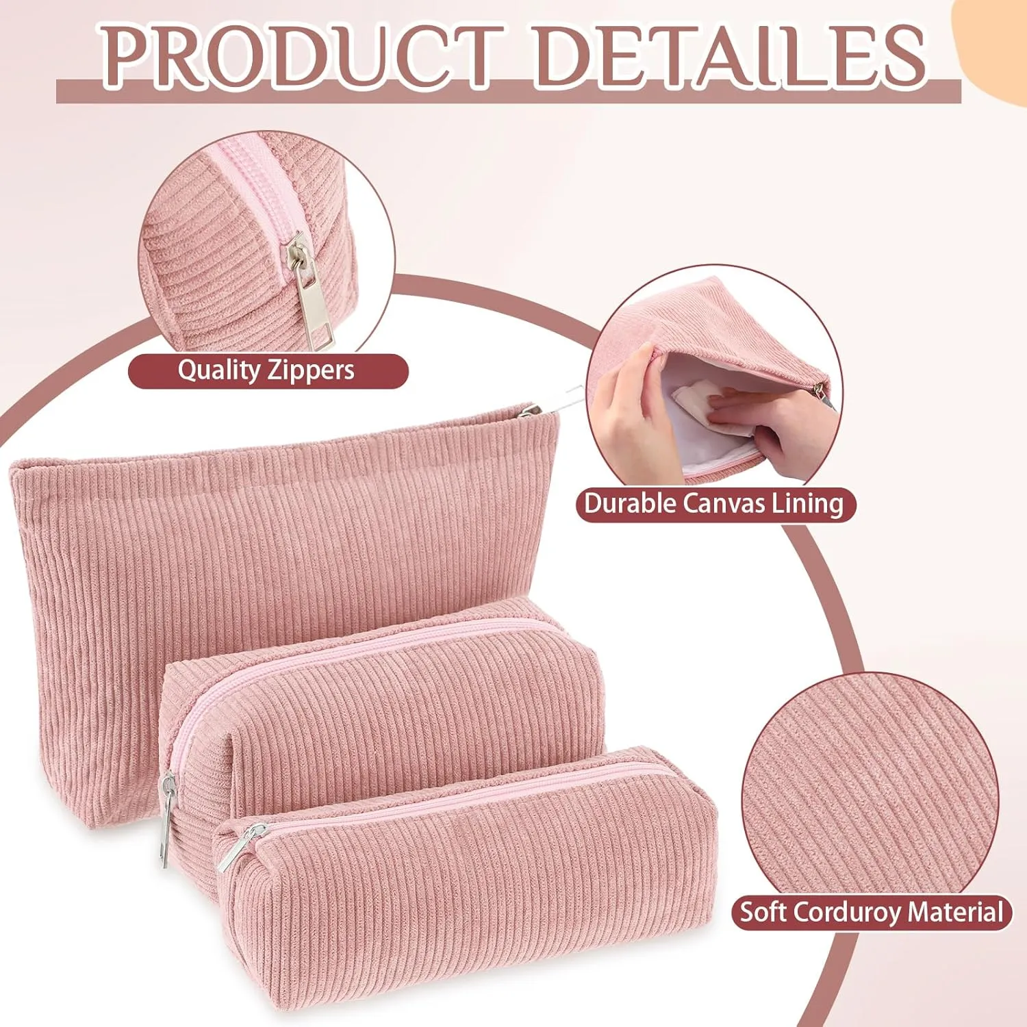 3 Pcs Makeup Bag Set for Women Corduroy Cosmetic Pouch Aesthetic Smile Travel Toiletry Bag Cute Purse Pouch Pencil Case Makeup Brushes Storage Organizer with Zipper(Pink,Solid Style)