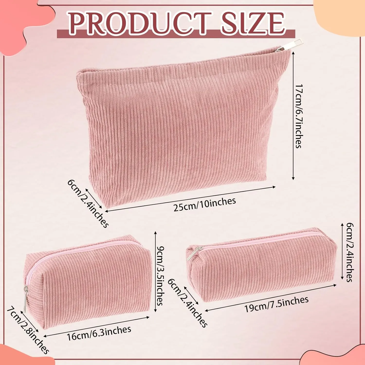 3 Pcs Makeup Bag Set for Women Corduroy Cosmetic Pouch Aesthetic Smile Travel Toiletry Bag Cute Purse Pouch Pencil Case Makeup Brushes Storage Organizer with Zipper(Pink,Solid Style)
