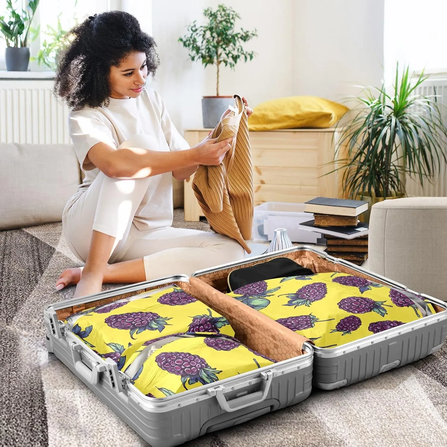 3 Set Travel Packing Cubes For Suitcases, Fresh Mulberry Fruit Yellow, Stackable, Garment Bag Closet Storage, Luggage Space Saver, Organizadores De Maletas Para