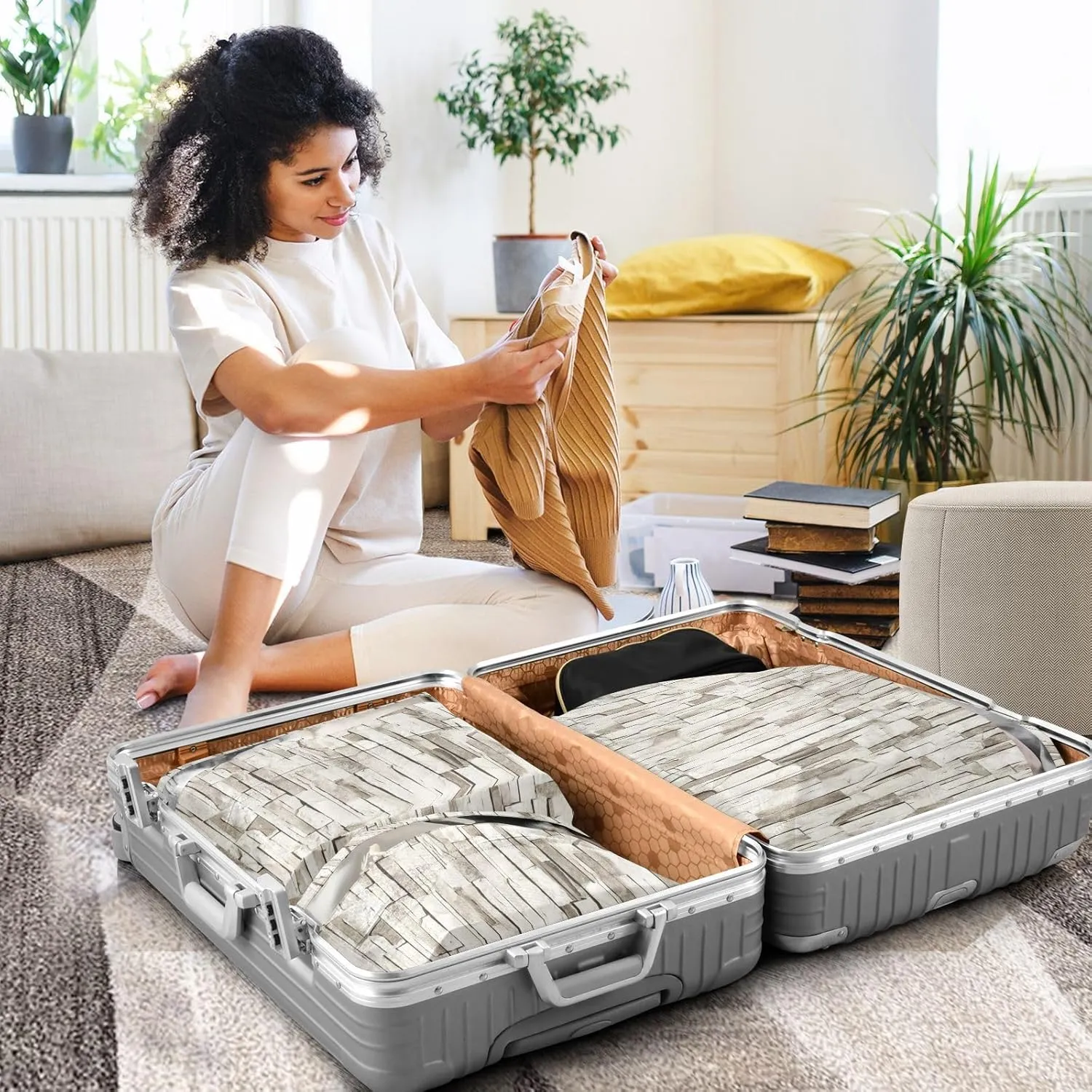 3 Set Travel Packing Cubes For Suitcases, Stone Lined Granite, Stackable, Garment Bag Closet Storage, Luggage Space Saver, Luggages Management Personnel