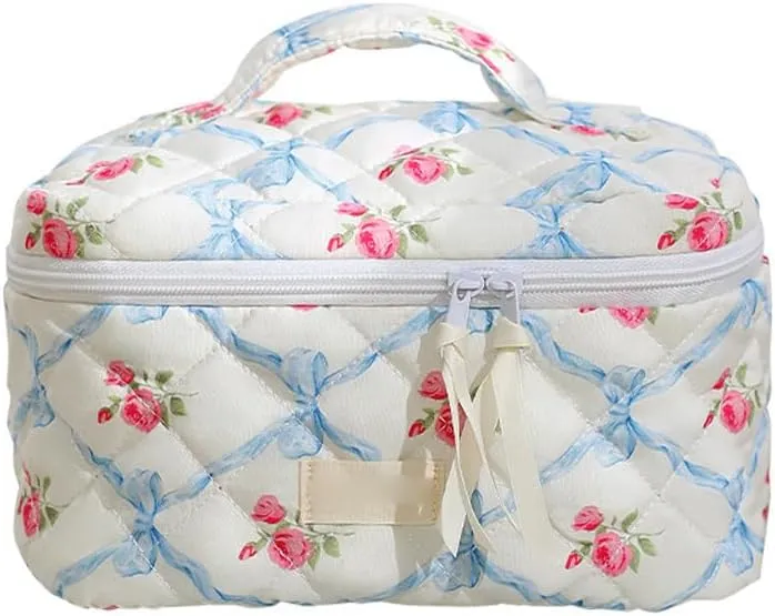 3pcs Quilted Makeup Bag, Coquette Cosmetics Large Capacity Pouch Travel Cosmetic Bag Set Printed Makeup Pouch Large Capacity Portable Toiletry Bag Organizer for Women Girls