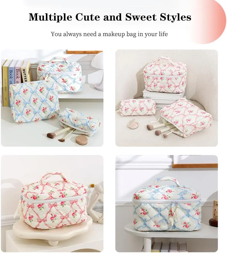 3pcs Quilted Makeup Bag, Coquette Cosmetics Large Capacity Pouch Travel Cosmetic Bag Set Printed Makeup Pouch Large Capacity Portable Toiletry Bag Organizer for Women Girls