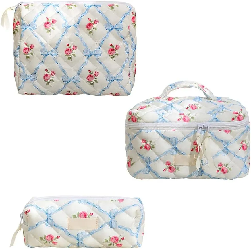 3pcs Quilted Makeup Bag, Coquette Cosmetics Large Capacity Pouch Travel Cosmetic Bag Set Printed Makeup Pouch Large Capacity Portable Toiletry Bag Organizer for Women Girls