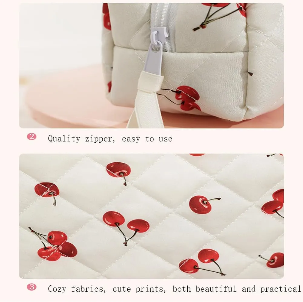 3pcs Quilted Makeup Bag, Coquette Cosmetics Large Capacity Pouch Travel Cosmetic Bag Set Printed Makeup Pouch Large Capacity Portable Toiletry Bag Organizer for Women Girls