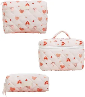 3pcs Quilted Makeup Bag, Coquette Cosmetics Large Capacity Pouch Travel Cosmetic Bag Set Printed Makeup Pouch Large Capacity Portable Toiletry Bag Organizer for Women Girls