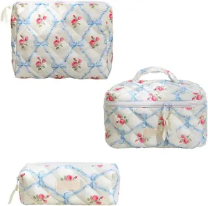 3pcs Quilted Makeup Bag, Coquette Cosmetics Large Capacity Pouch Travel Cosmetic Bag Set Printed Makeup Pouch Large Capacity Portable Toiletry Bag Organizer for Women Girls