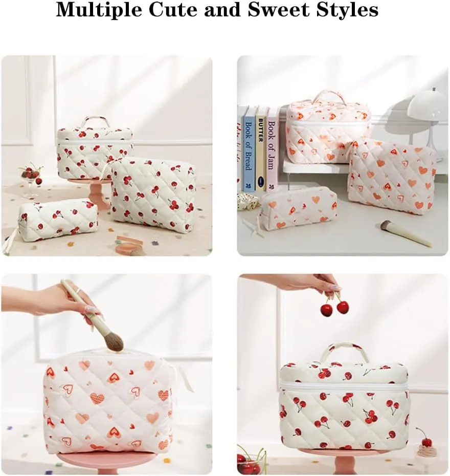 3pcs Quilted Makeup Bag, Coquette Cosmetics Large Capacity Pouch Travel Cosmetic Bag Set Printed Makeup Pouch Large Capacity Portable Toiletry Bag Organizer for Women Girls