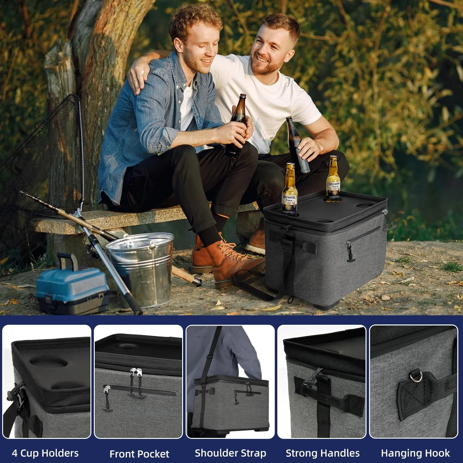 40Can Collapsible Cooler Box, Versatile Insulated Leakproof Cooler Bag with Hard Inserts and 4 Cup Holders, Large Ice Chest for Beach, Travel, Camping, Picnic
