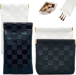 4PCS Small Makeup Bag for Purse, Mini Leather Pocket Cosmetic Bag for Women, Waterproof Portable Makeup Pouch No Zipper Coin Purse Lipstick Bag Accessories, Checkered Travel Storage Bag(White, Black)