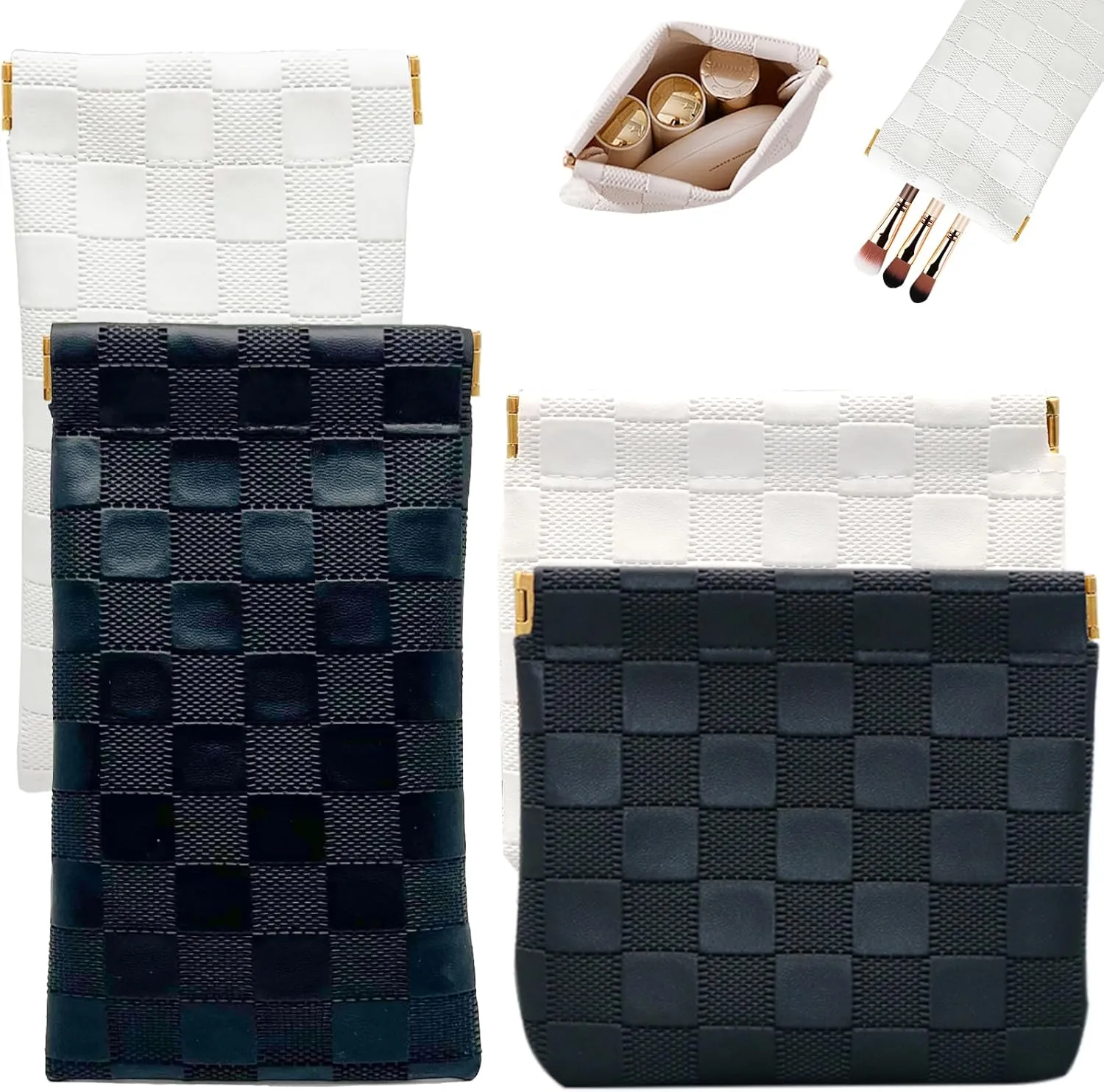 4PCS Small Makeup Bag for Purse, Mini Leather Pocket Cosmetic Bag for Women, Waterproof Portable Makeup Pouch No Zipper Coin Purse Lipstick Bag Accessories, Checkered Travel Storage Bag(White, Black)